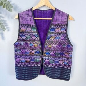 Vtg Vest Boho Fairy Festival Artsy Woven Geometric Tapestry Purple Open Front